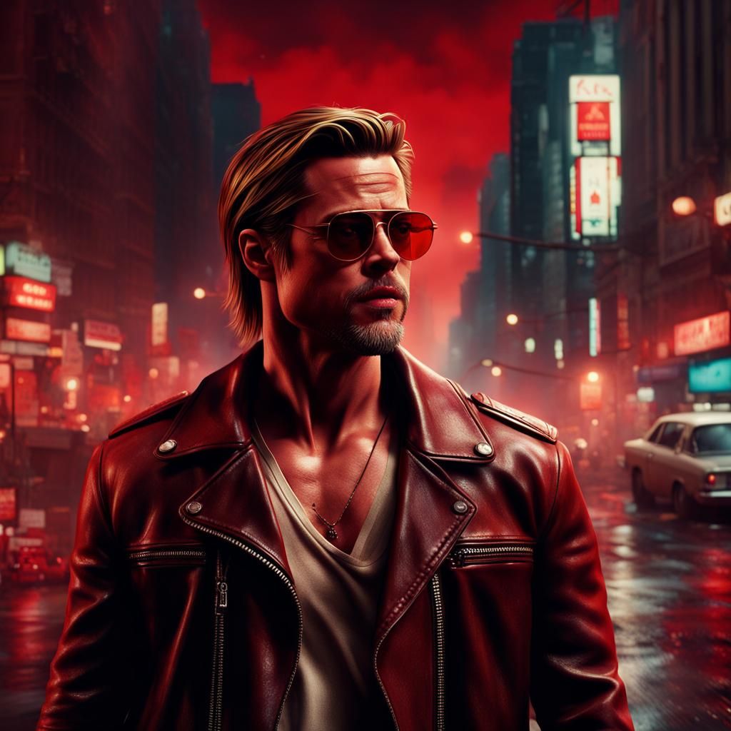 hyperrealistic picture of Brad Pitt as Tyler Durden, wearing red lens ...