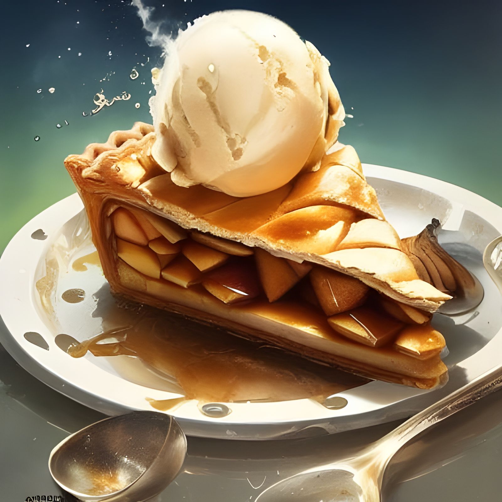 Delicious Piece of Apple Pie with Caramel Syrup and a Scoop of Vanilla Ice Cream undefined