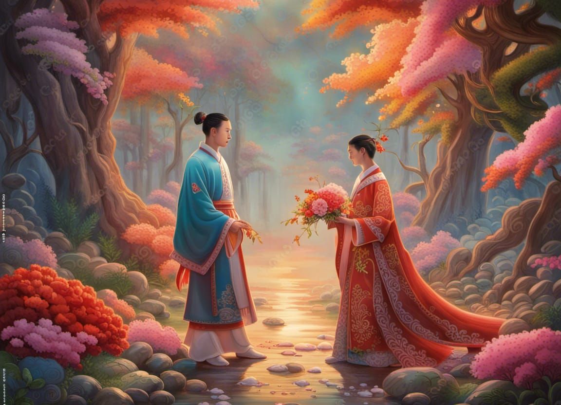 A young Chinese ancient groom and bride in tranditional costume walking hand in hand in flower forest in sunrise, vibran...