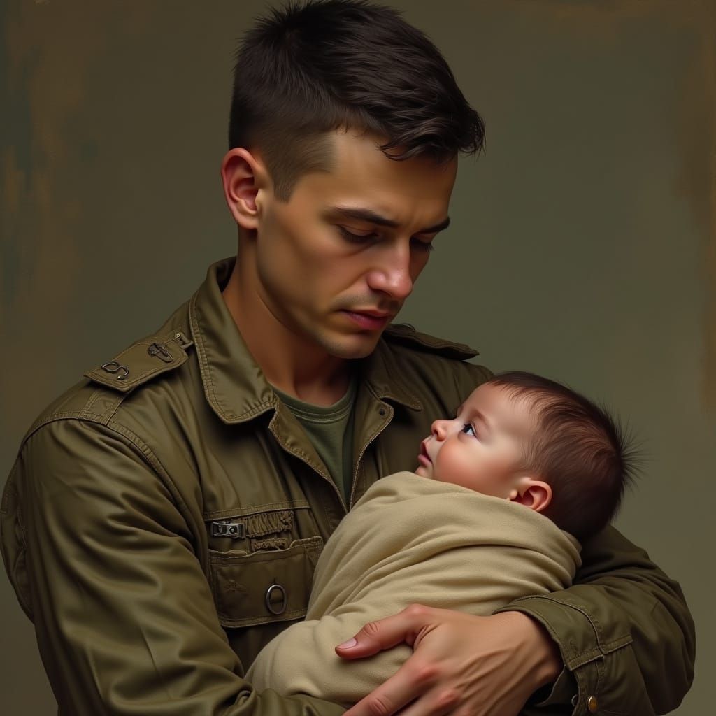 Soldier's Tender Moment with Infant Son