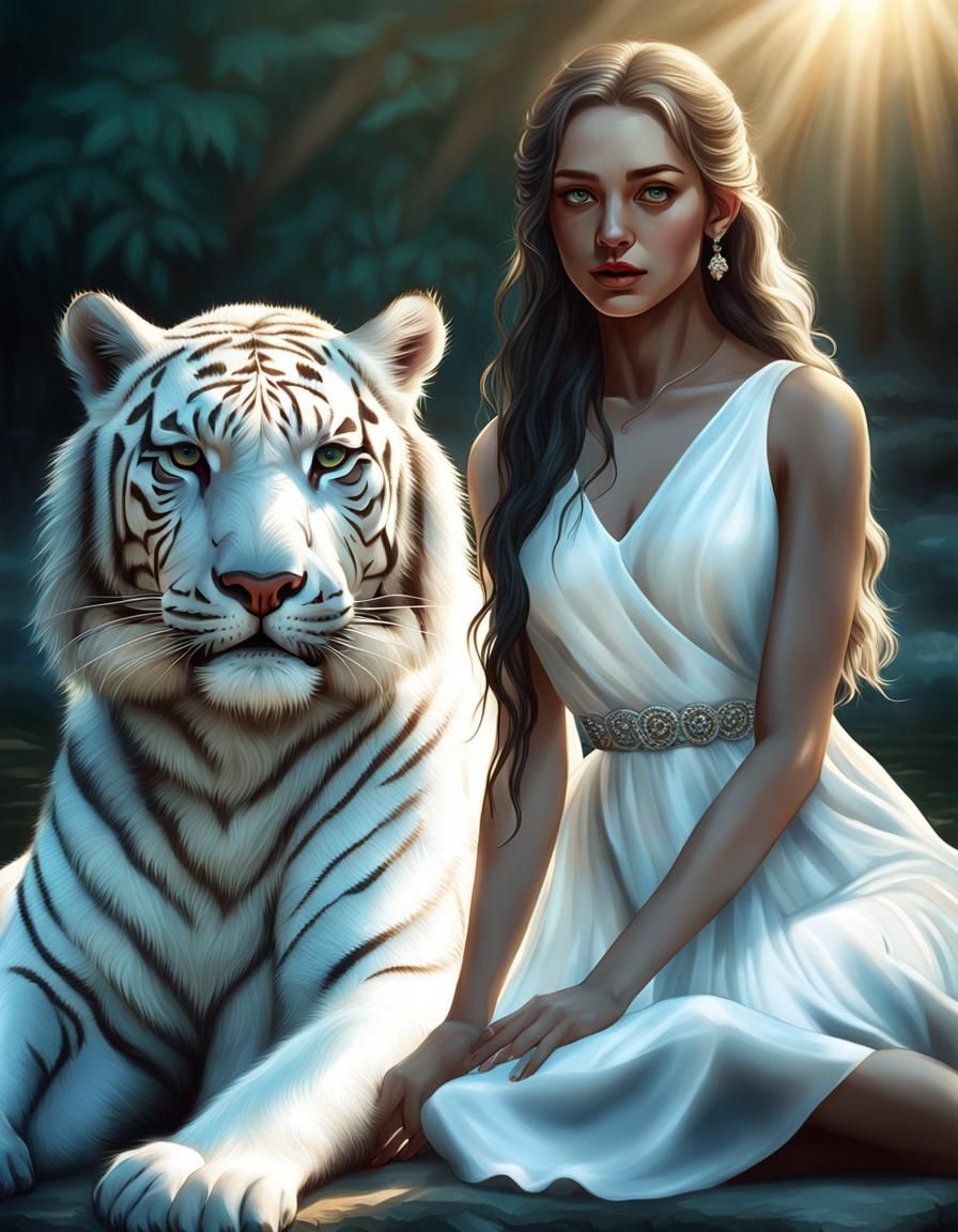 a beautiful girl wearing a white dress sitting with her pet ...