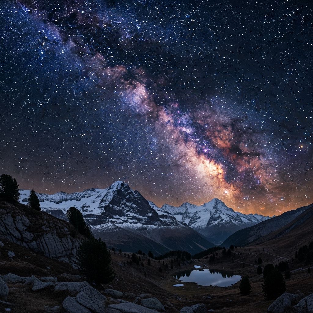 Swiss Alps at night under the Milky Way, starry sky, glowing mountain silhouettes, long exposure astrophotography ...  by @Katerinafrompoem