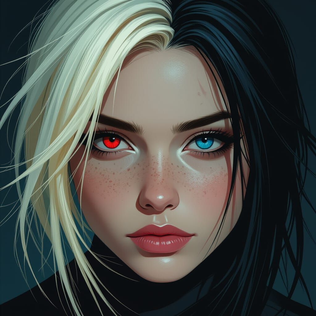 Hyperrealistic Portrait with Heterochromia, Digital Art