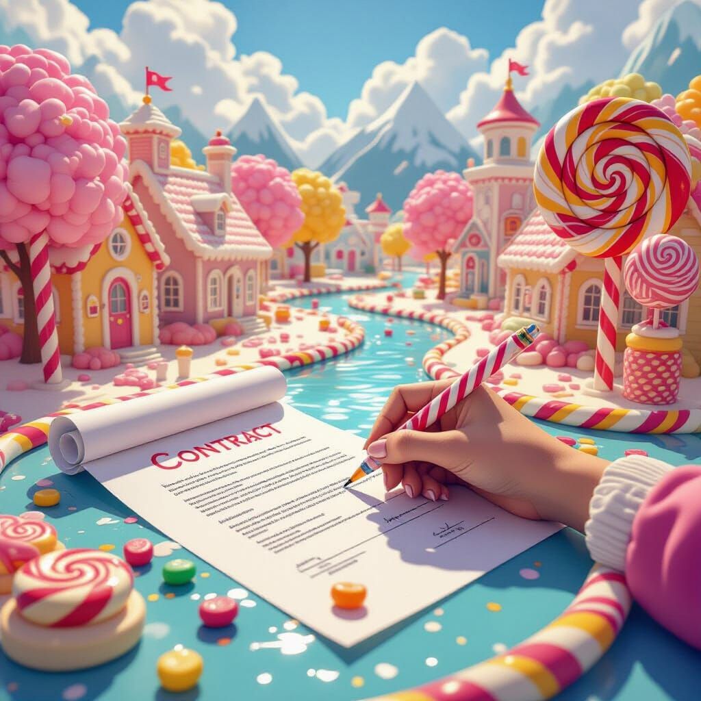 Whimsical Candy World Contract Drawing, Hyperrealistic Digit...
