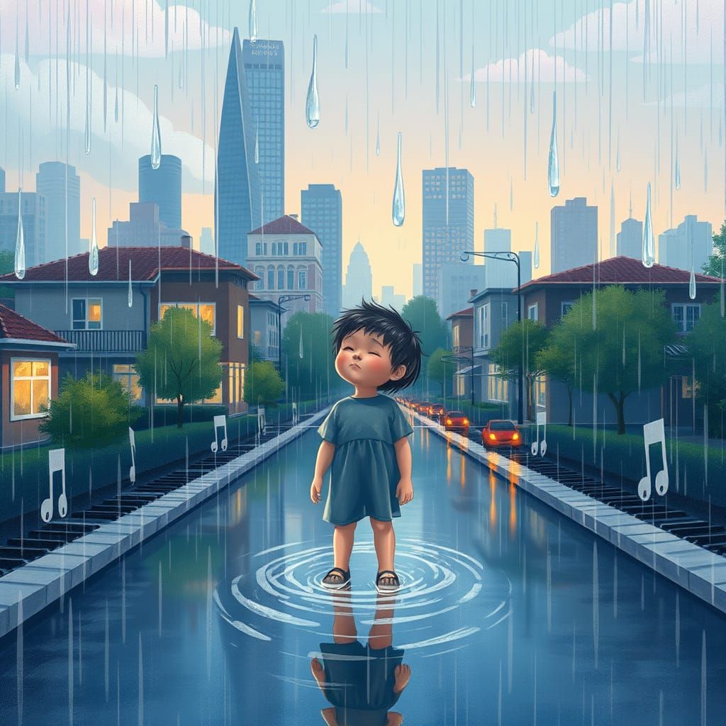 "Rain plays on the ground like a pianist"

Idea:
Raindrops are depicted as notes that fall on keys embedded in the pavement, roofs, trees. E...