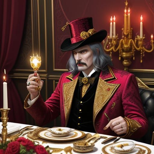 Vlad the impaler close up with luminous skin with a grimace on his face. Very ornate bright red velvet and gold coat with bright red velvet...