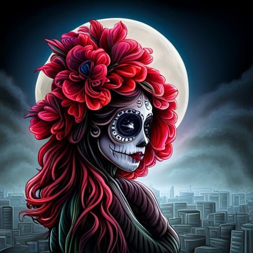Mexican Catrina at night with moon in the back graffiti art,...
