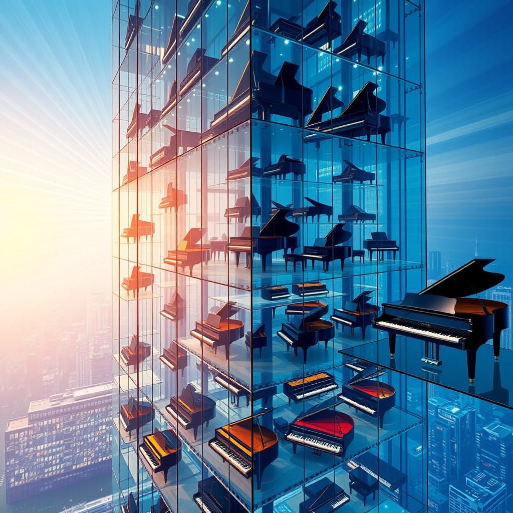 Glowing Skyscraper of Marvelous Pianos in Vibrant 3D