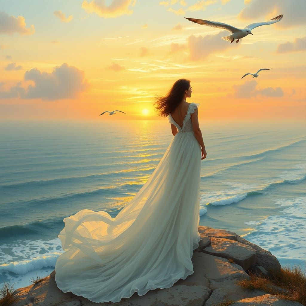 A Dreamy Coastal Scene with Seagulls in Flight