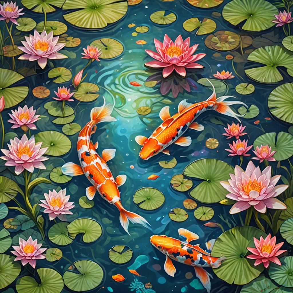 A koi fish in a lily pond under the milkie way with a big fr...