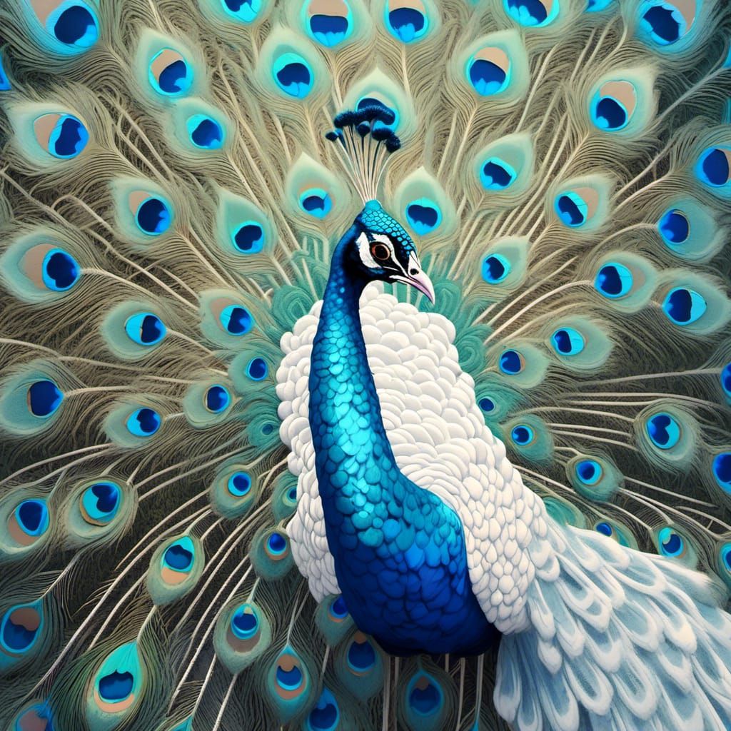 White Peacock in Lush Garden Oil Painting