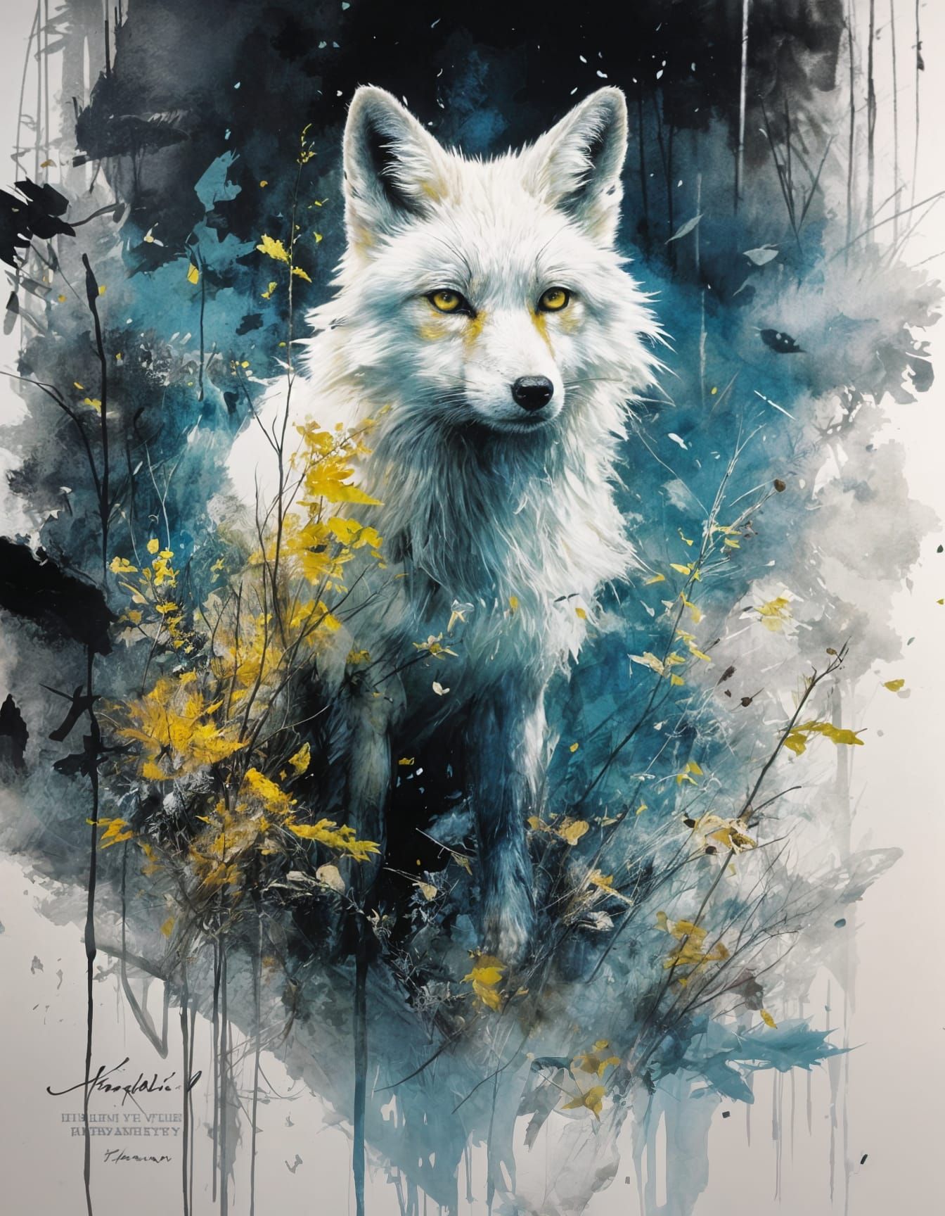 Fluffy white fox in a vibrant winter forest  by @Dreamer in Hell