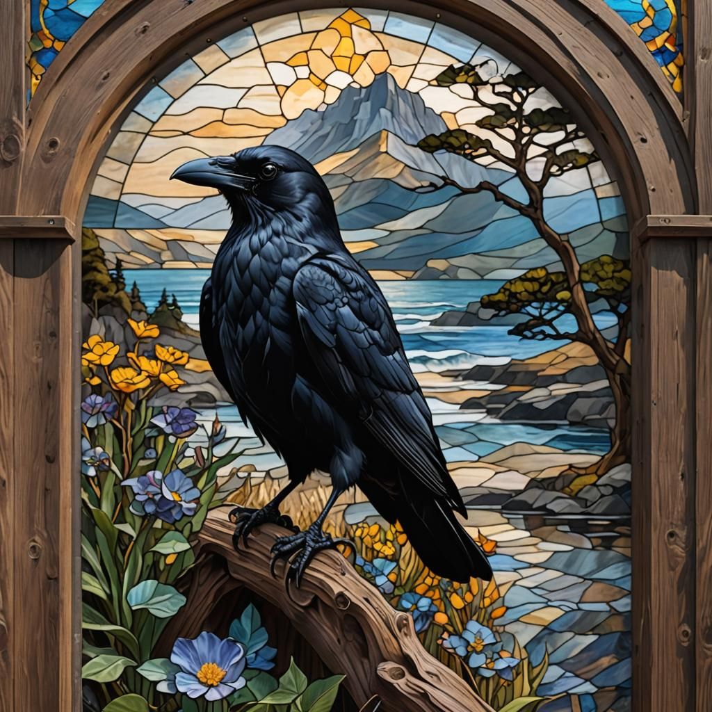 Close-up of a black crow on wooden reef in front of an epic ...