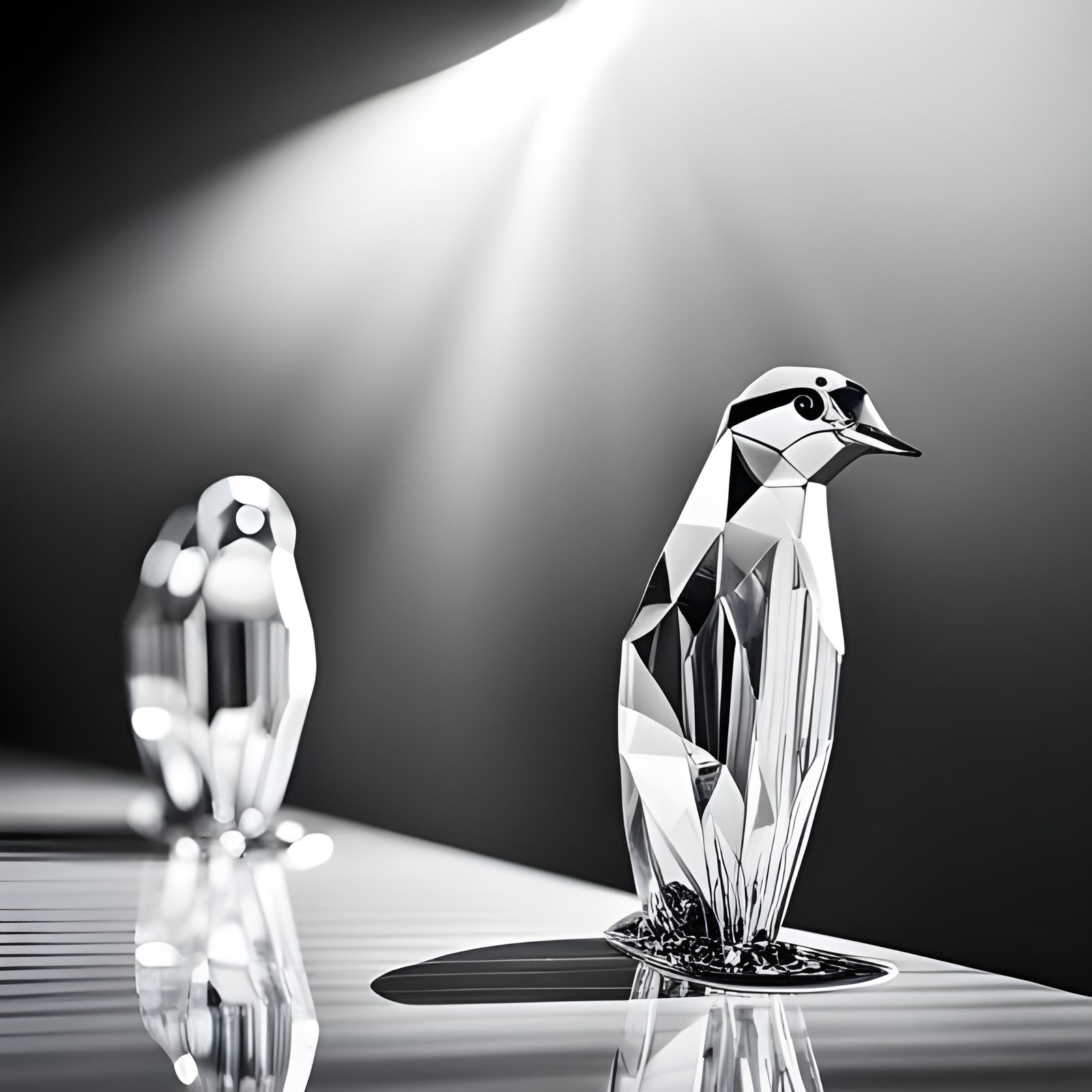 Backlit Swarovski crystal penguins on a glass counter sparkl...