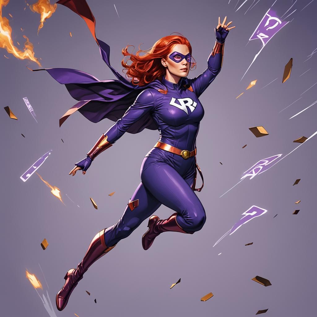beautiful woman super hero, red hair, with telepathic powers...