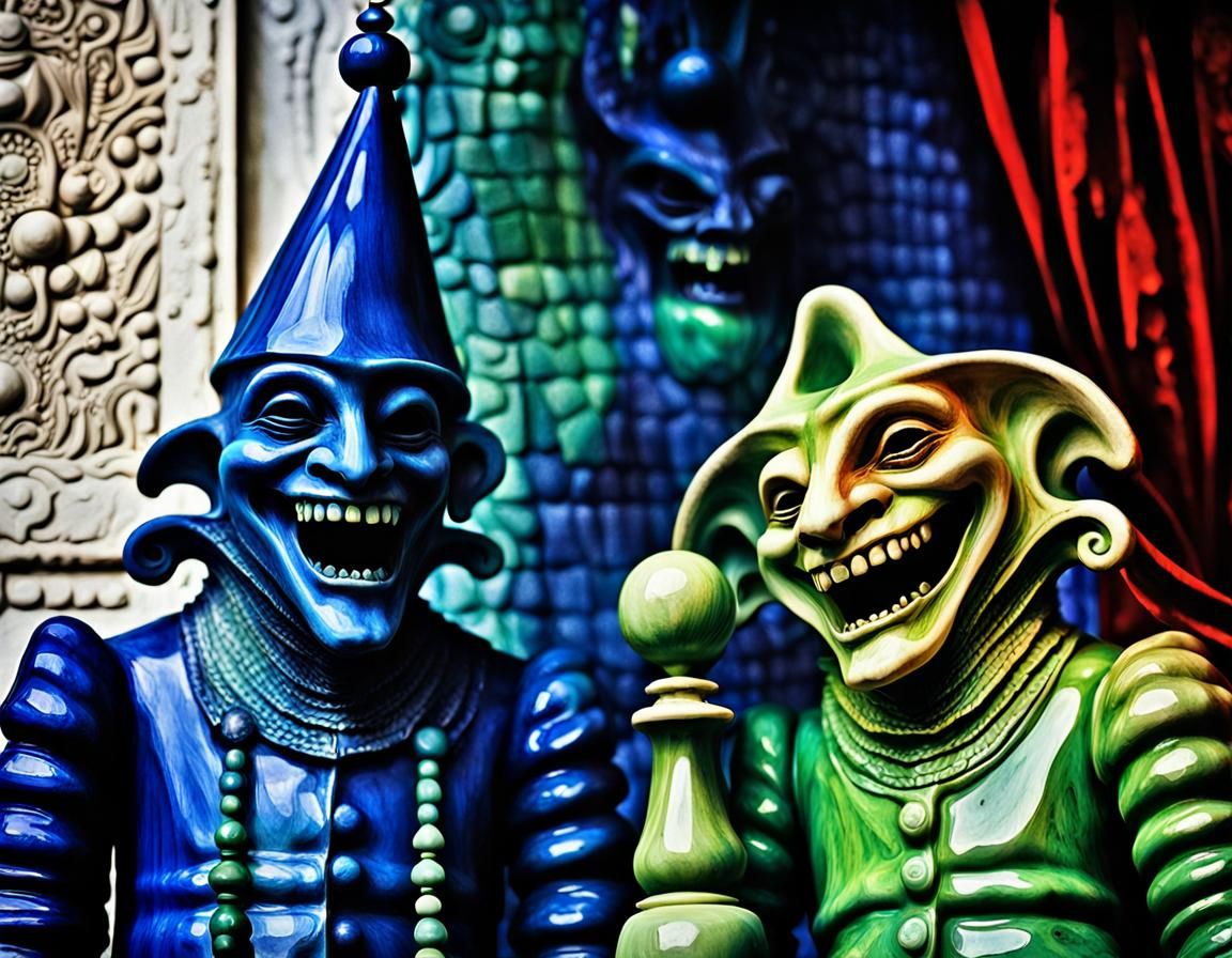 two blue jesters laughing, H.R. Giger, chess game psychedeli...