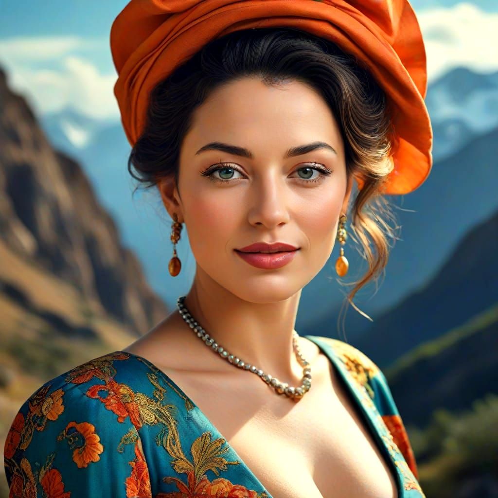 Happy Woman in Surreal Mountain Landscape as Photorealistic ...