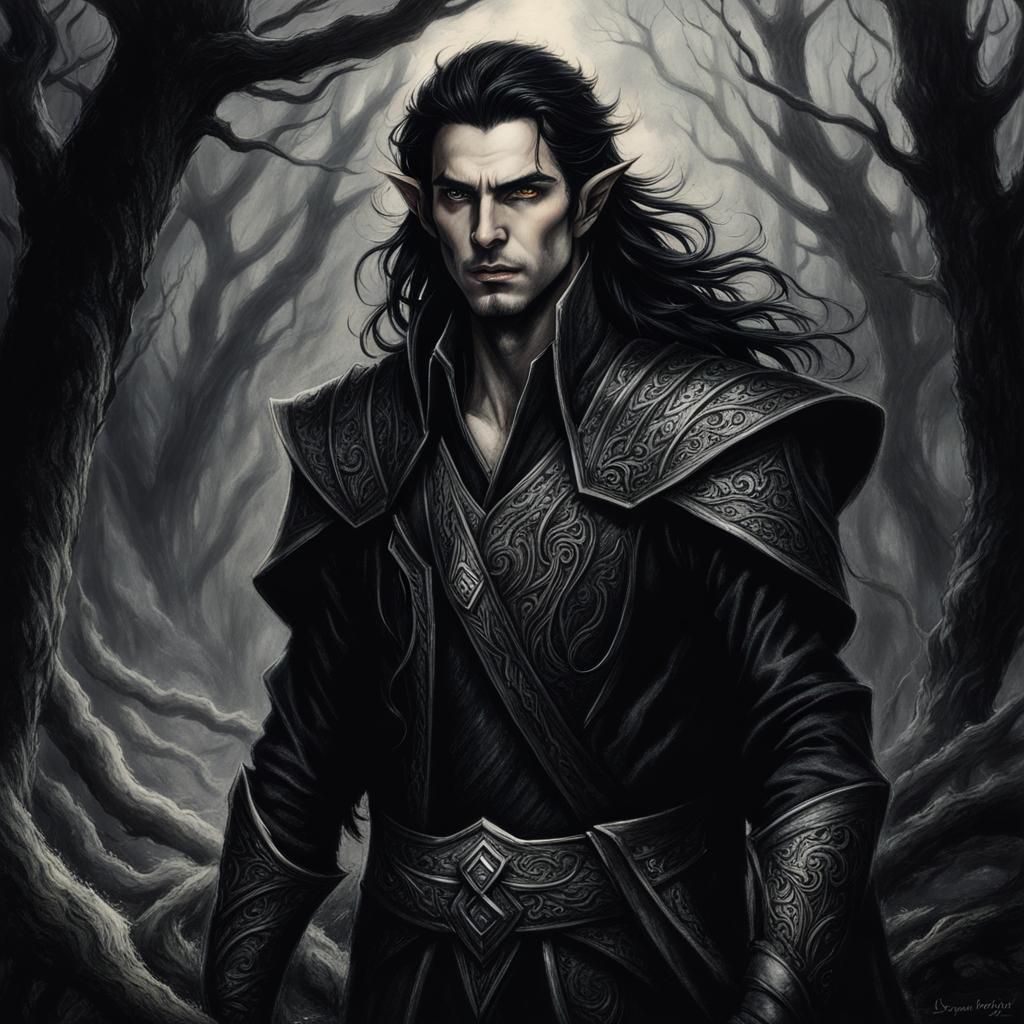 Male elf, pointy ears, long flowing black hair, amber eyes, fair ...