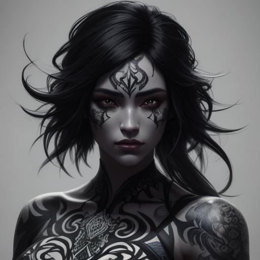 Beautiful fantasy woman with short black and white hair, with black eyes and tattoos in black bikini 