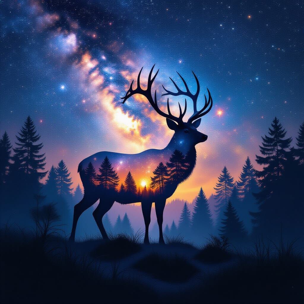 Ethereal Double Exposure: Deer, Stars, and Forest