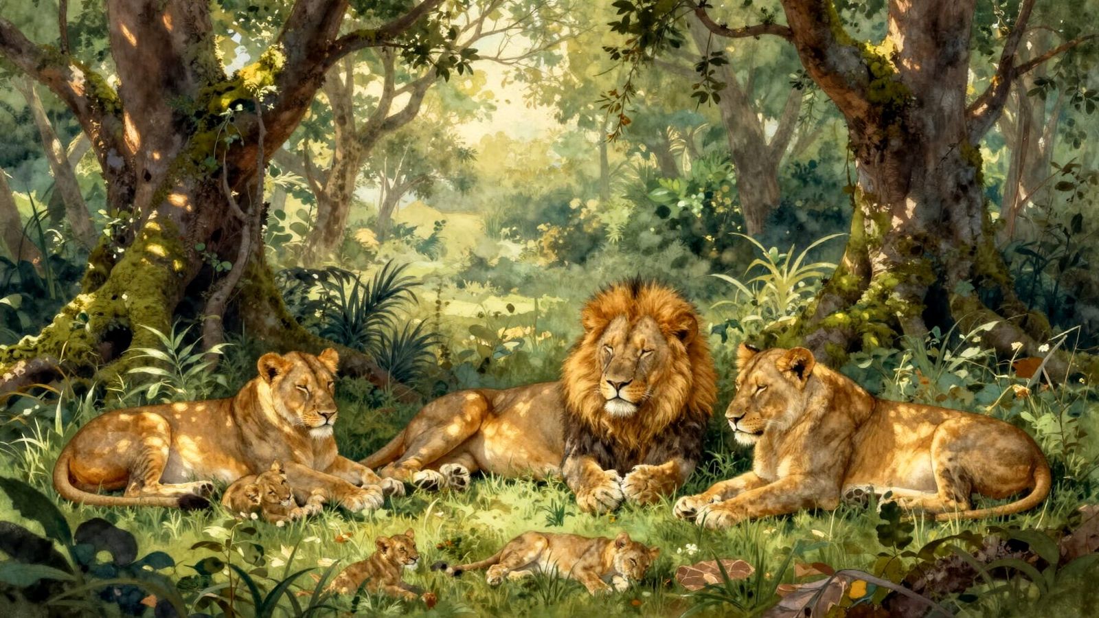 A small resting lion pride in a forest.  by @Max Strandberg