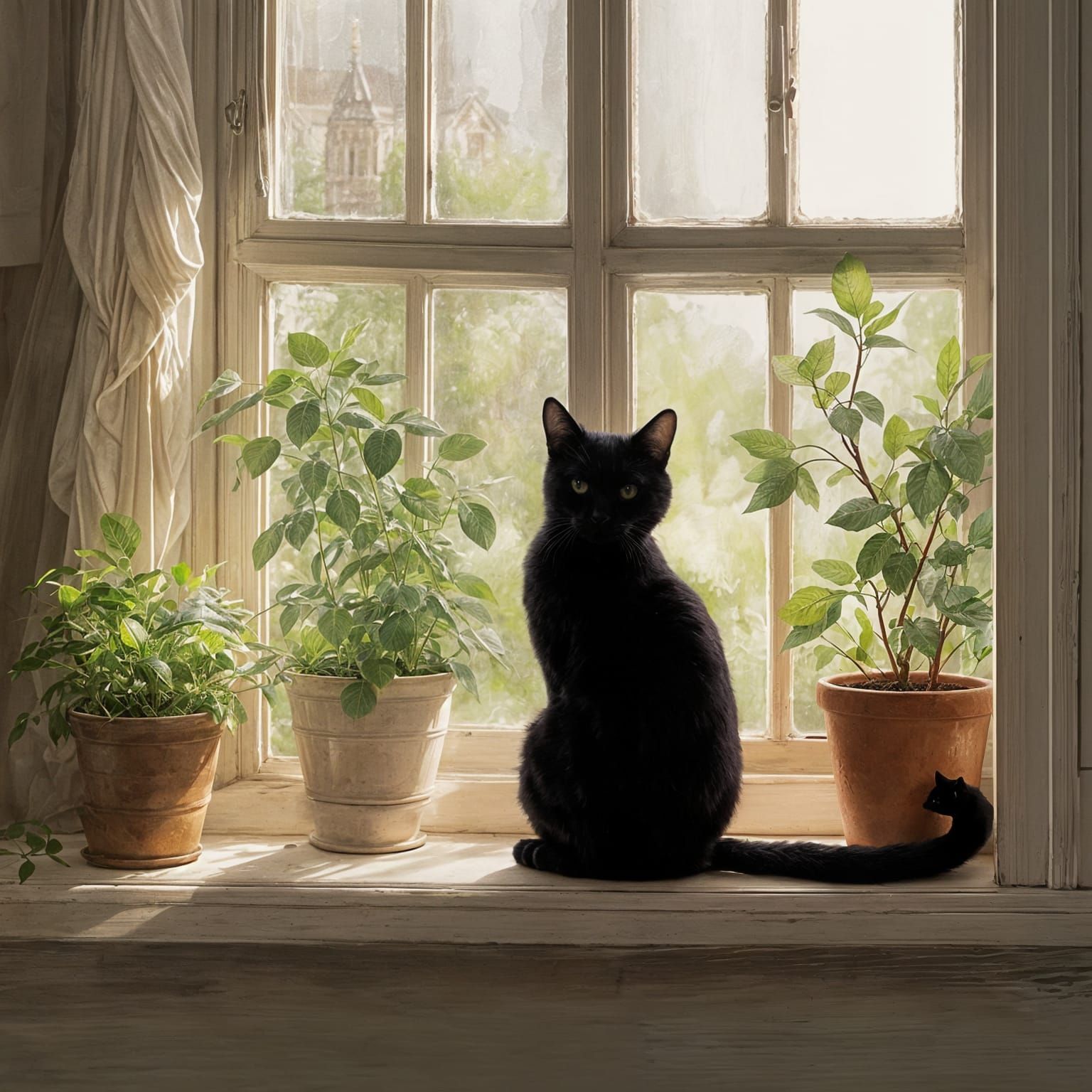 Child and Cat Gazing at European Landscape