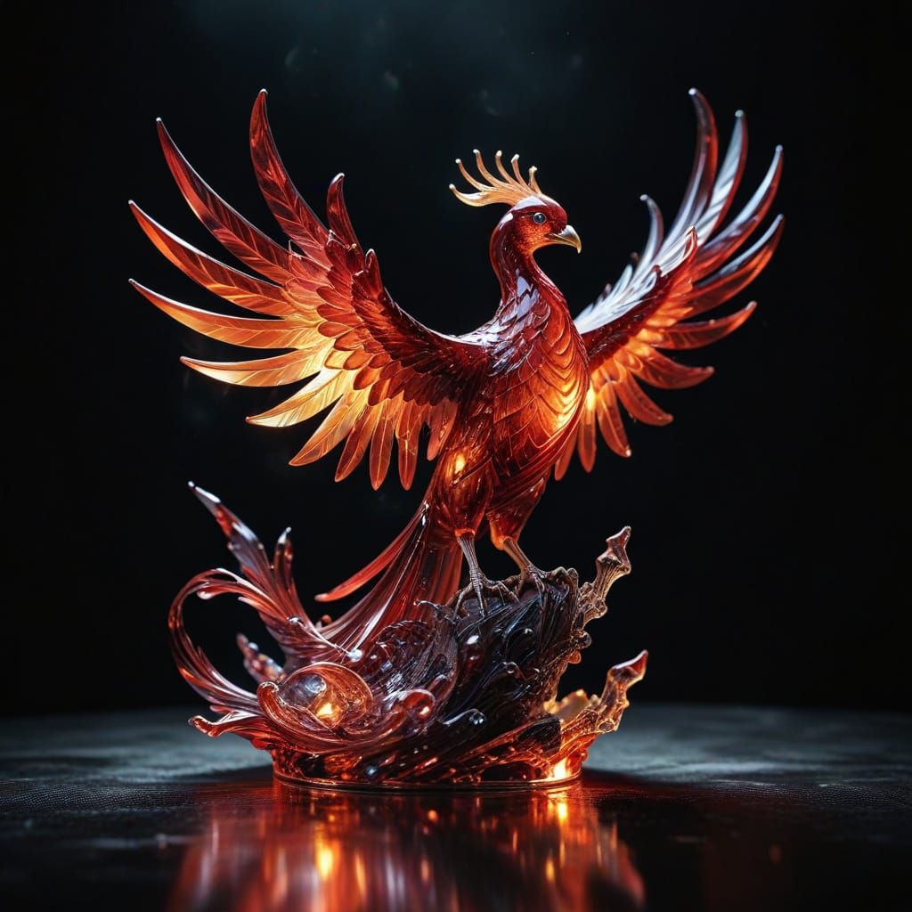 Hyperrealistic Glass Phoenix Sculpture in Warm Golden Light