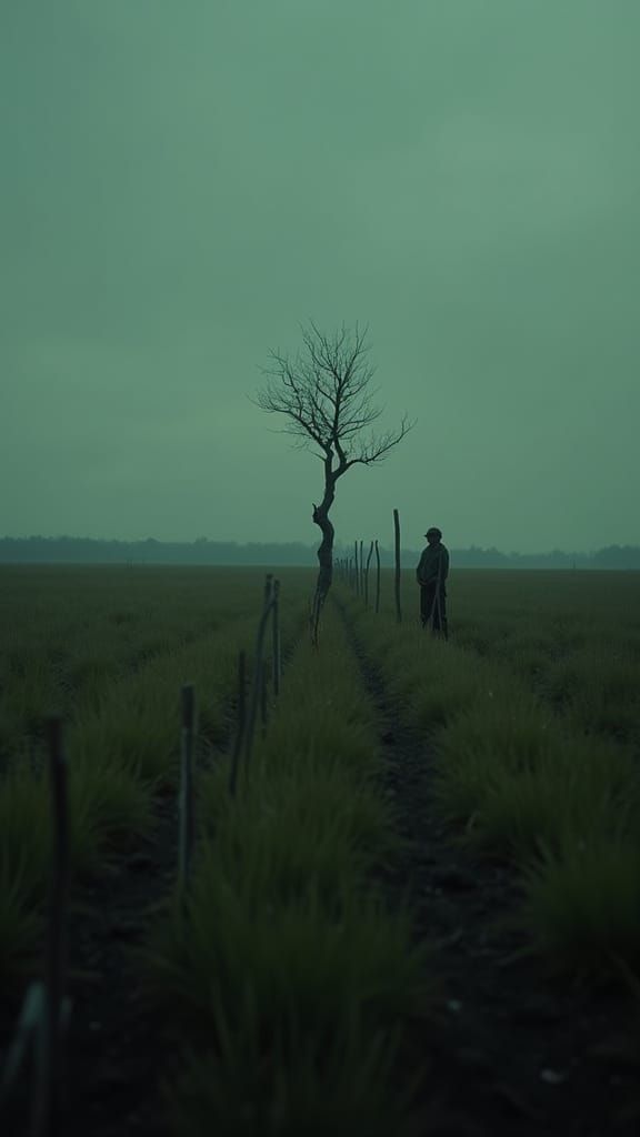 dark, moody, photorealistic ultra‑wide cinematic shot with an ominous color palette:
muted greens, dirty yellows and desaturated browns unde...