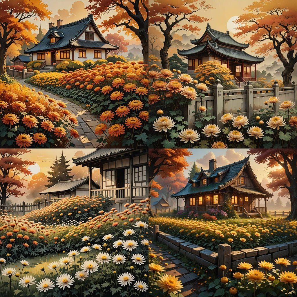 Chrysanthemums Bloom By A Fence Near Sunset