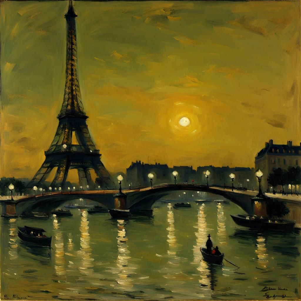 Eiffel Tower at night in Eugène Boudin oil painting