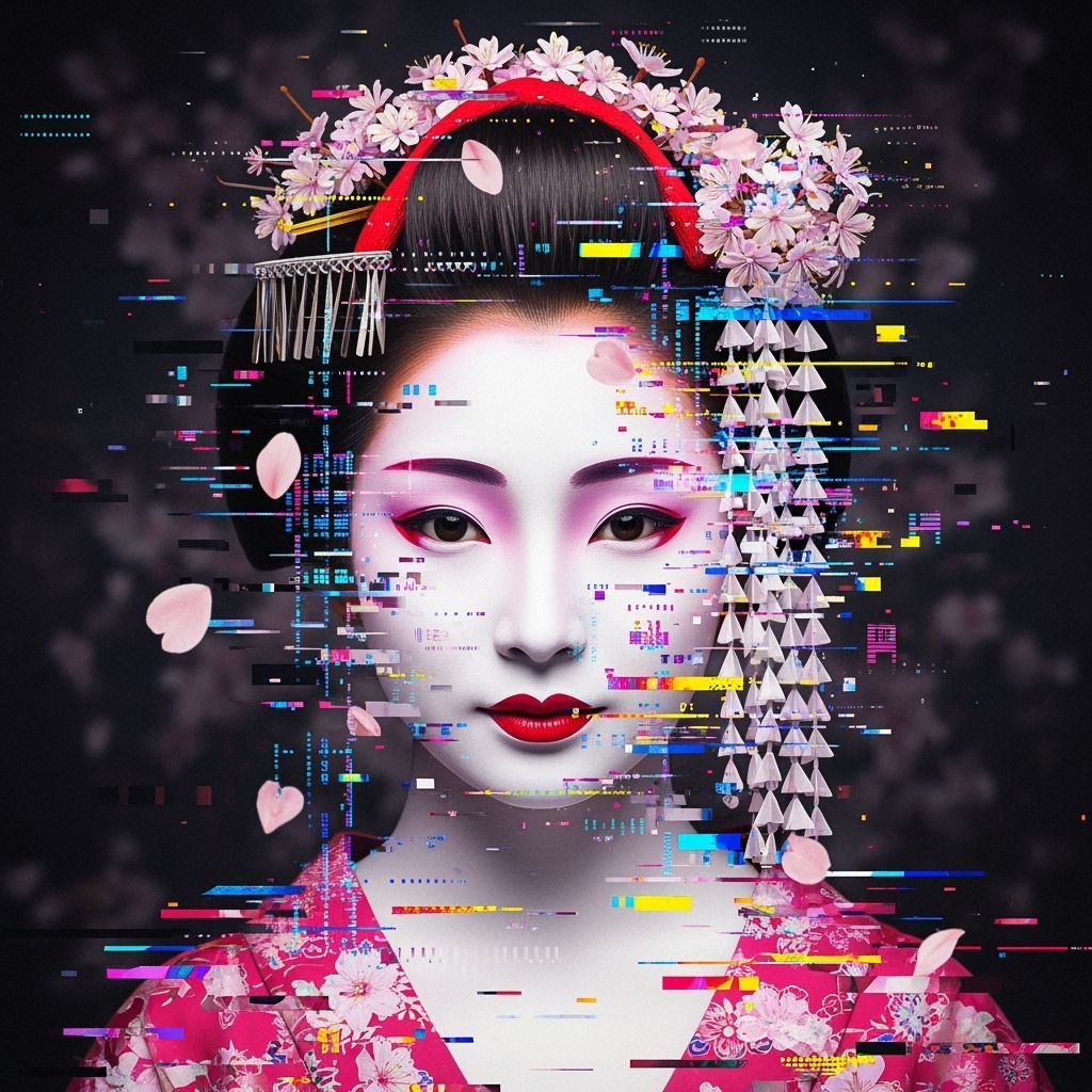 A digital geisha portrait, shattered into fragmented pixels, with cherry blossom petals caught in the ...  by @Stephanie 