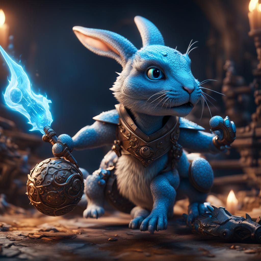 A cute little rabbit, slaying a scary dragon. blue lighening, electric ...