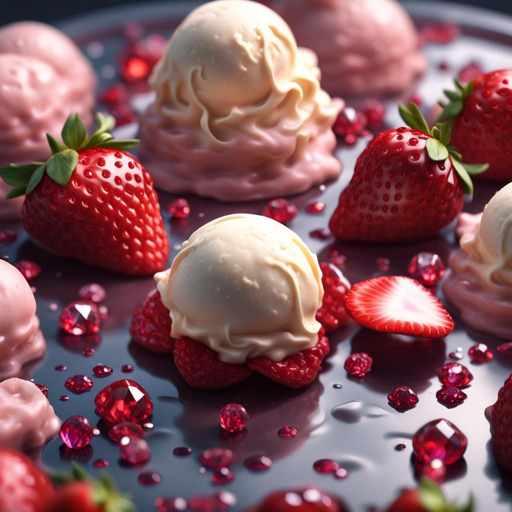 VANILLA ICE CREAM TOPPED WITH STRAWBERRY SHAPED DIAMONDS AND...