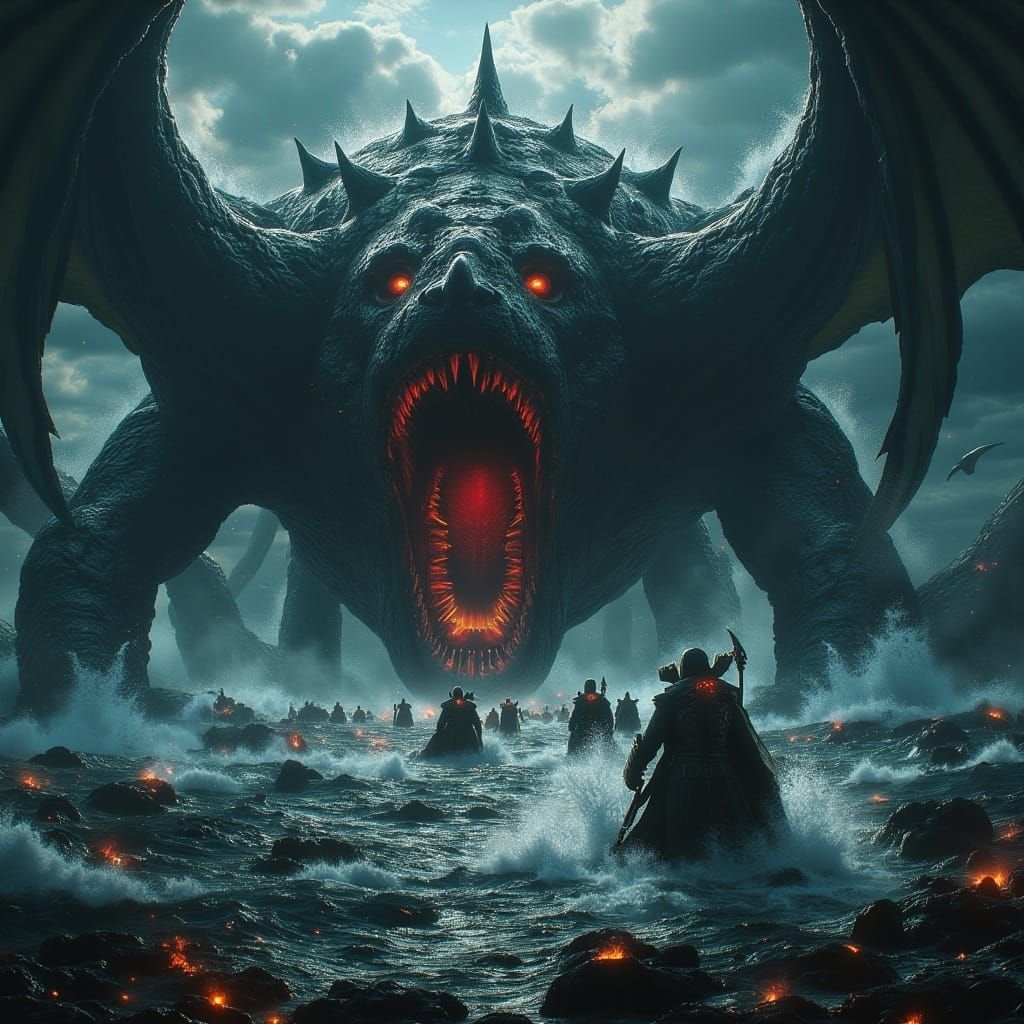 <lora:MJ6 CinematicFlux:1.0> An epic scene of a group of adventurers battling a colossal sea monster, in the style of Alex Alemany, illustr...