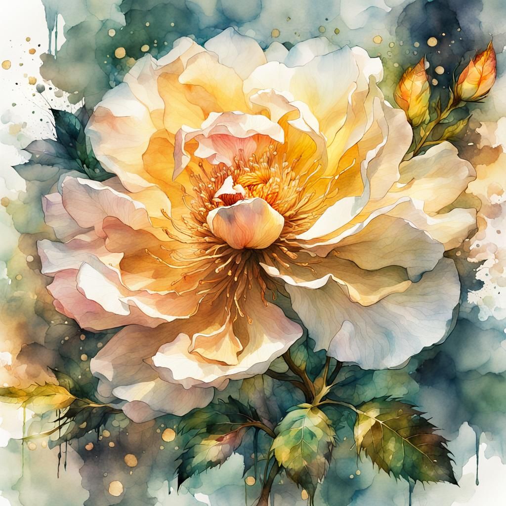 watercolor and ink wild rose  by @BelgiumJumpAI