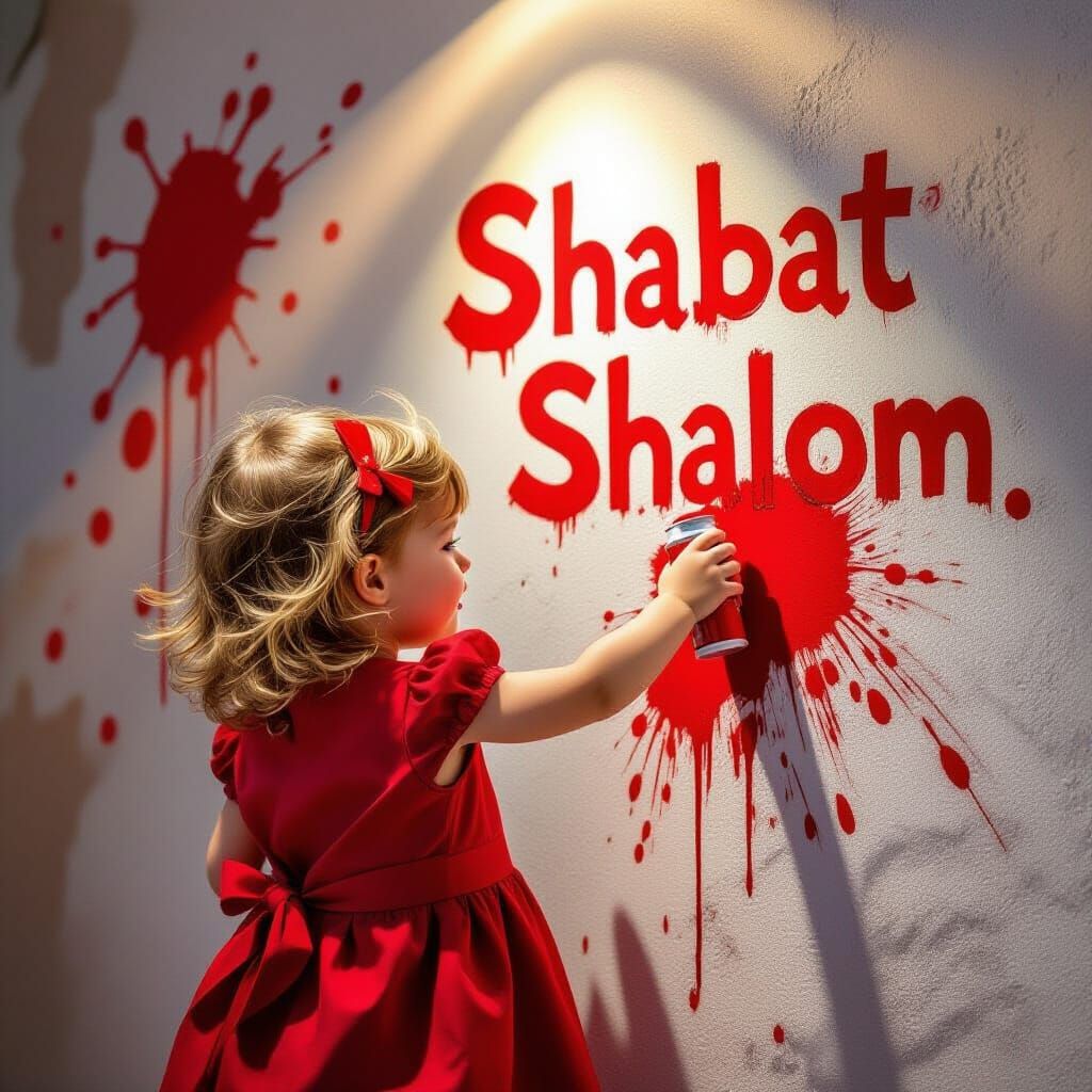 Girl in Red Sprays "Shabat Shalom" on Wall