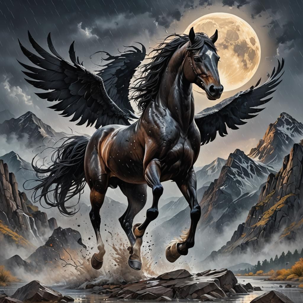 Horse with huge black wings, rearring upon hind legs, 4 legs...