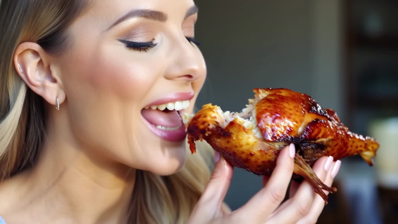 A breathtakingly pretty lady swallows a roasted chicken and smiles.