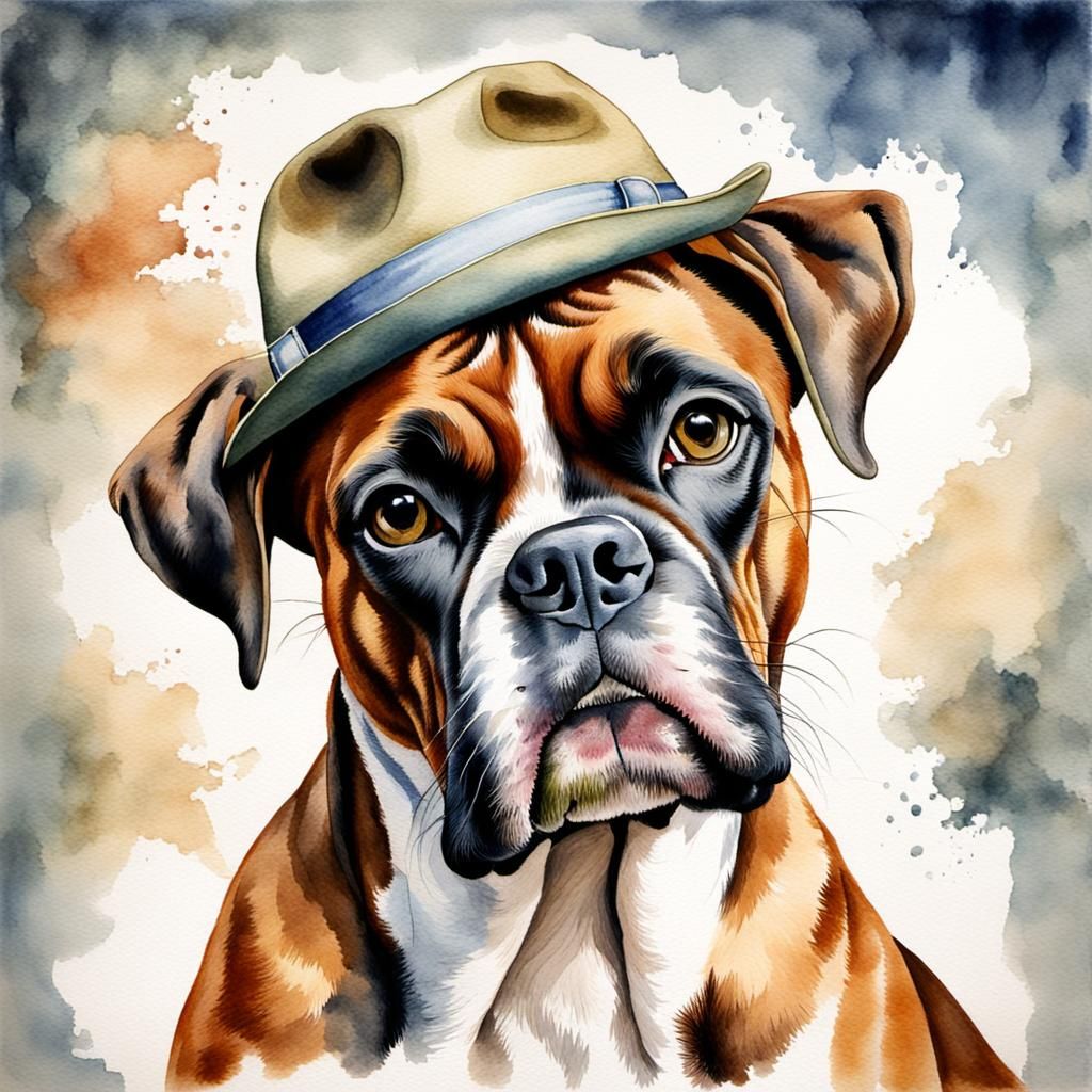 Portrait in watercolours. Boxer dog with hat.