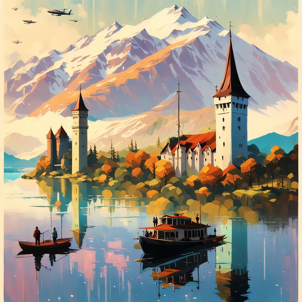 Travel poster Queenstown, New Zealand, detailed delicate dig...