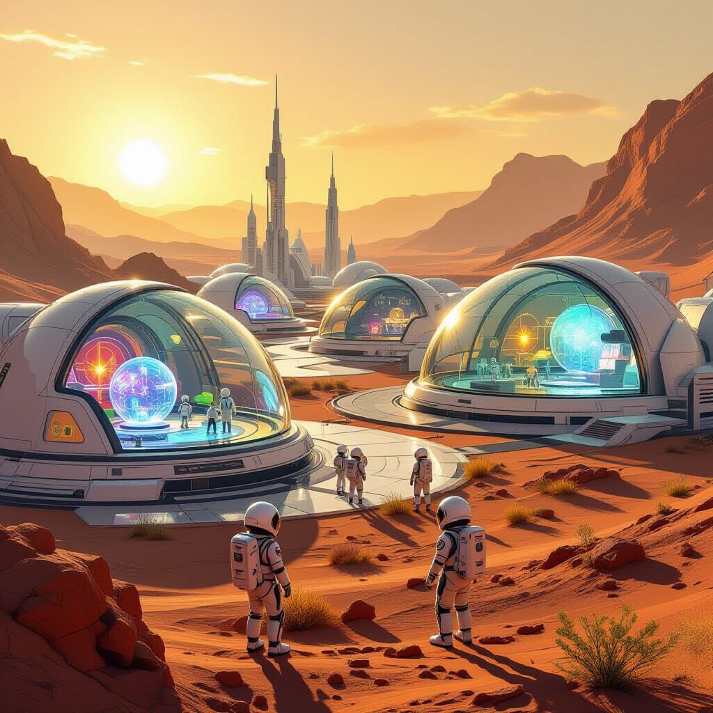 Futuristic cities built inside protective glass domes
Children playing outside in advanced space suits.
Imagine ...  by @Babasik