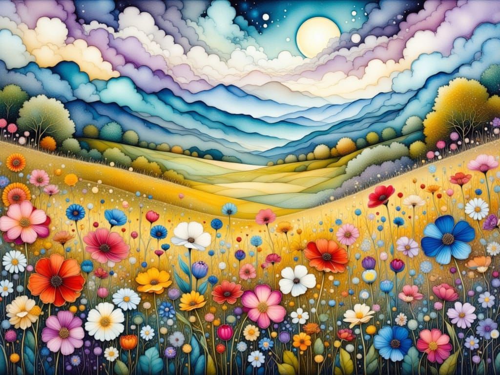 Vibrant Wildflower Meadow Oil Painting
