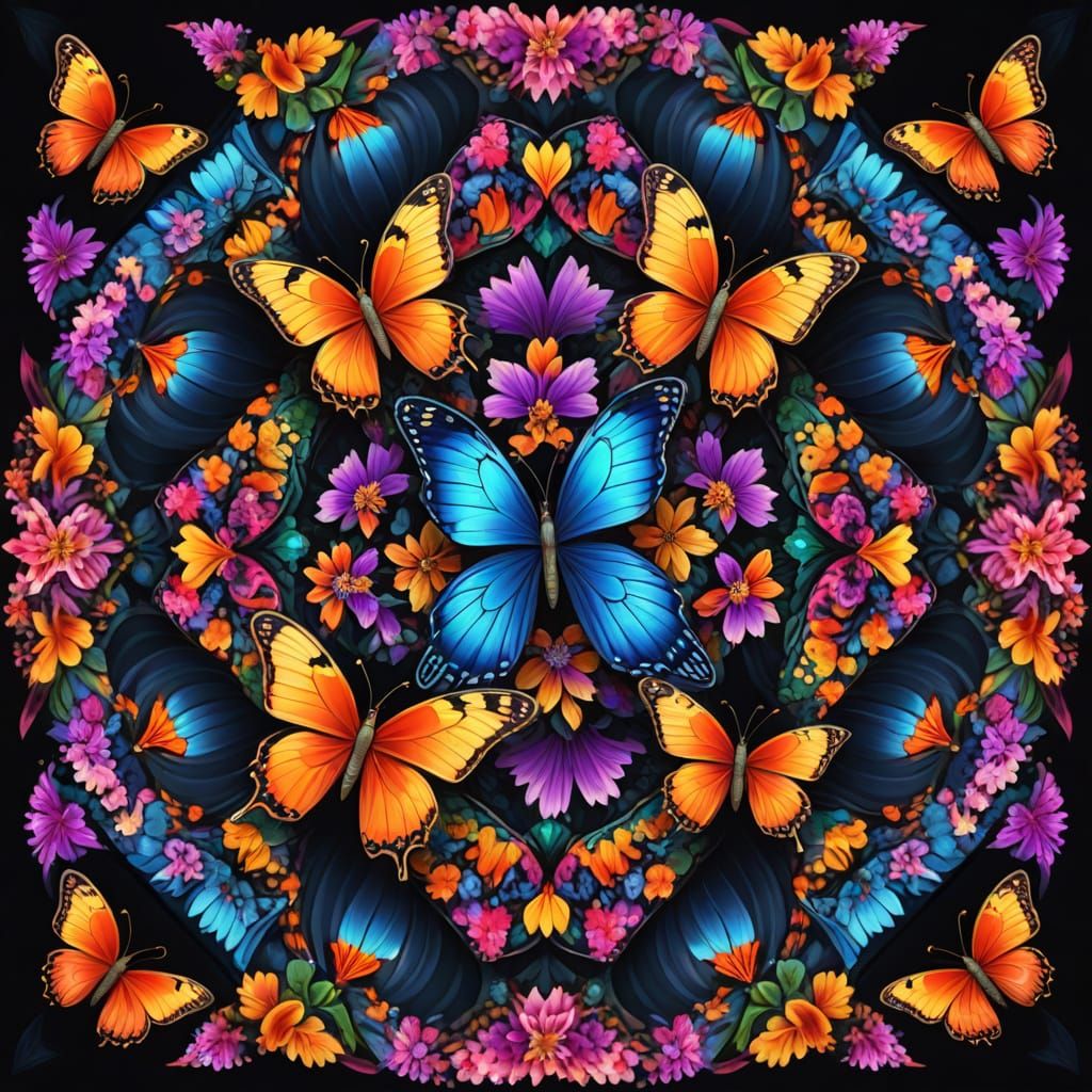 Photograph. A kaleidoscope of butterflies flutters around a blooming flower, their wings creating symmetrical patterns of kaleidoscope color...