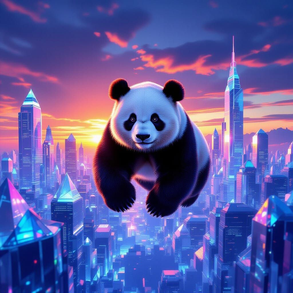 Giant Panda Floats Over Shimmering Ice City at Sunset