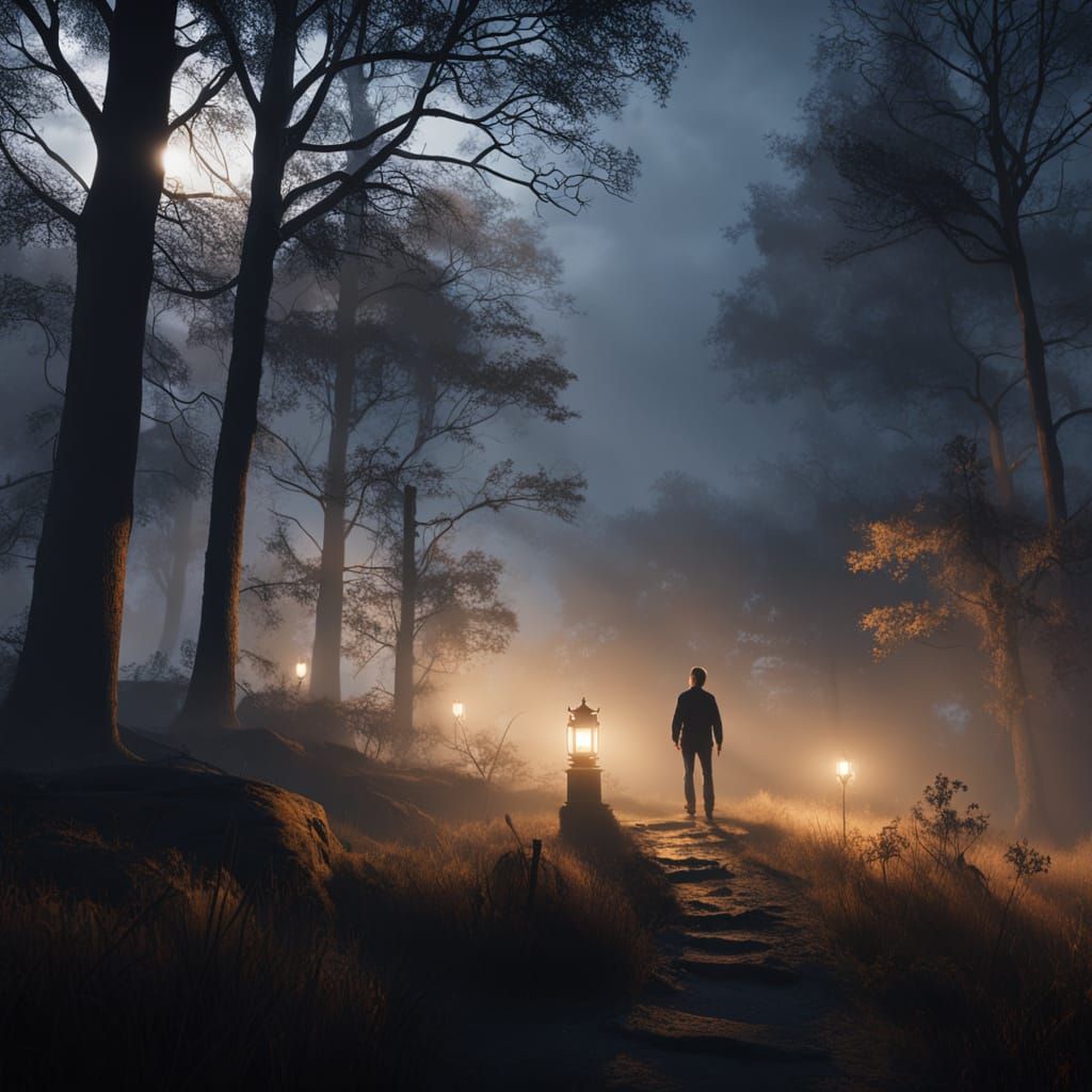 “side-view of a young blond boy standing on a small hill at night, thick rolling fog surrounding his legs and drifting through the scene, a ...