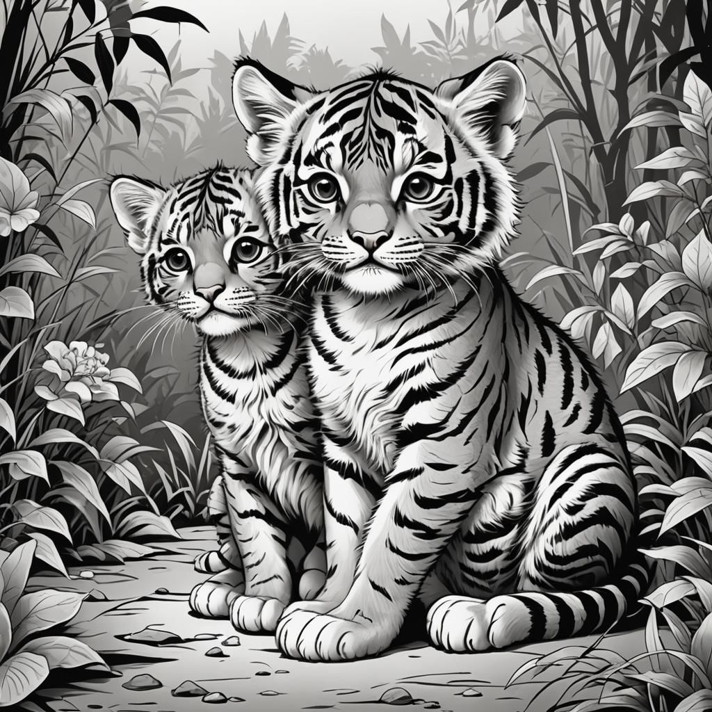 Black and white. cute little cat and tiger. illustration, co...