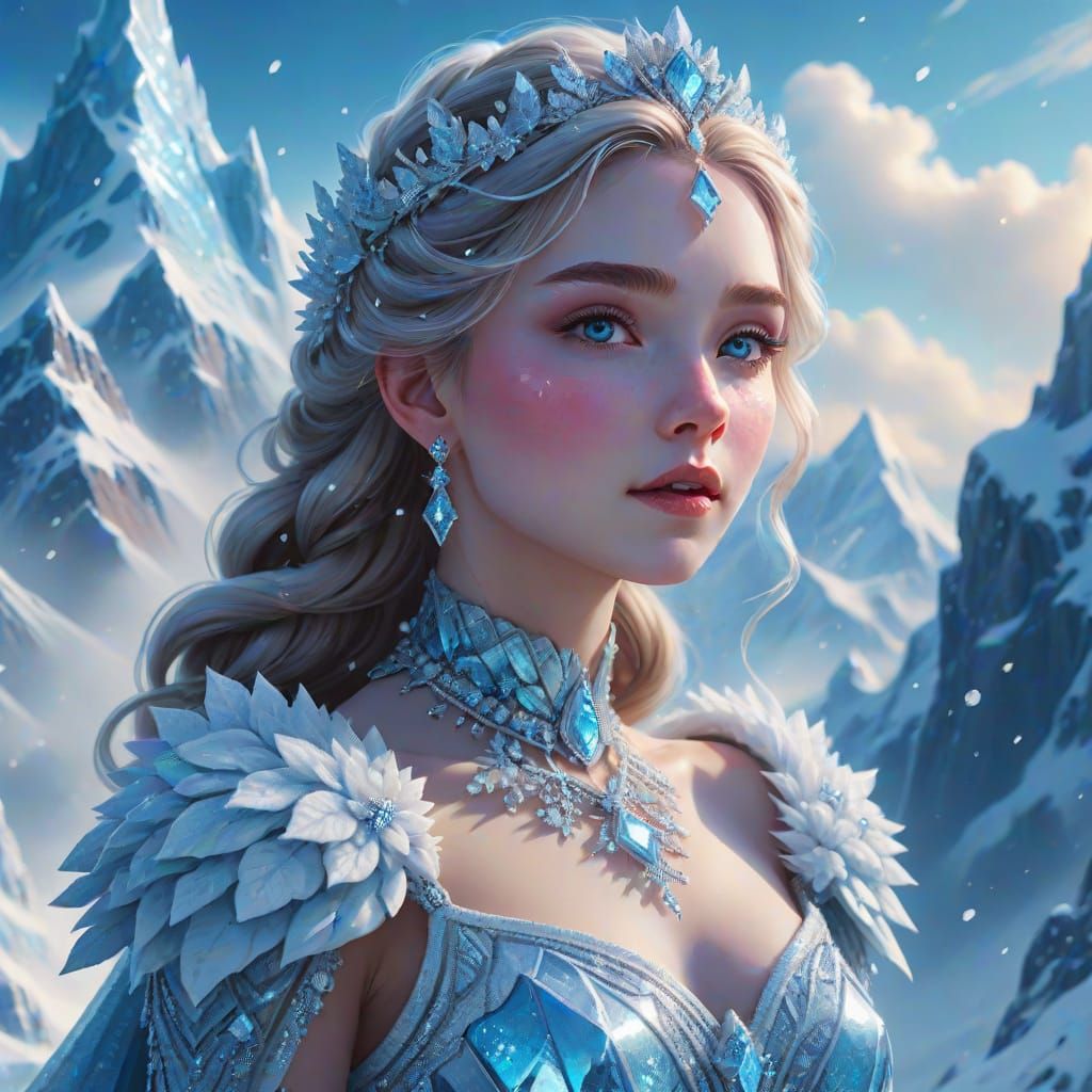 Imagine a majestic ice princess, her gown shimmering with a thousand diamonds, standing atop a snow-covered ...  by @Ari_mermaid06