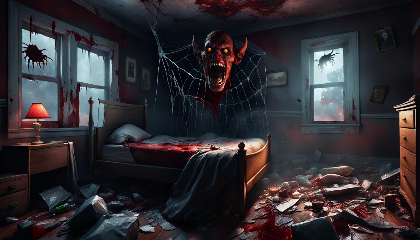 horror scene in damaged bedroom, dark and dirty bedroom, a bloody bed