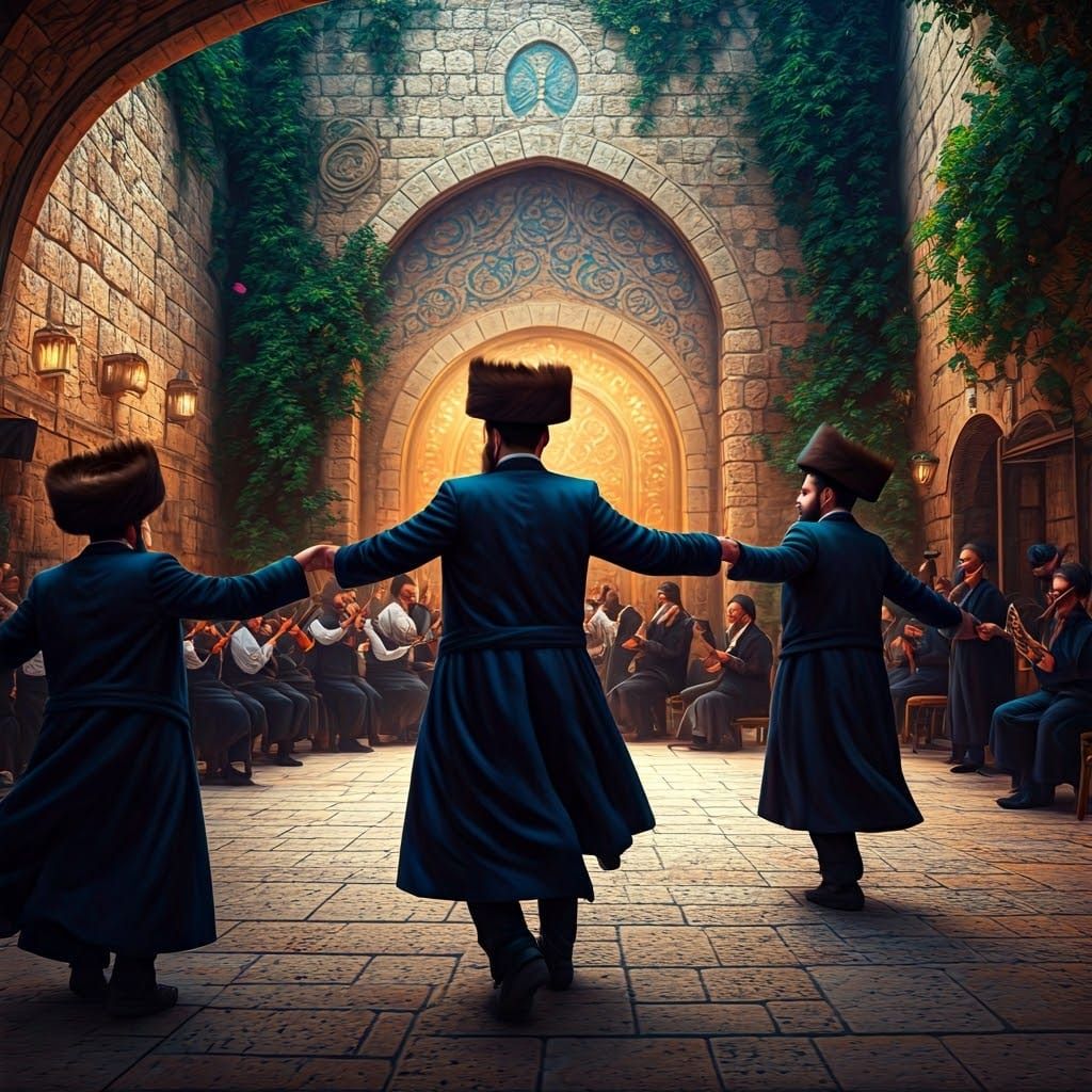 Hasidic Men Dance in Vibrant Courtyard with Lively Orchestra