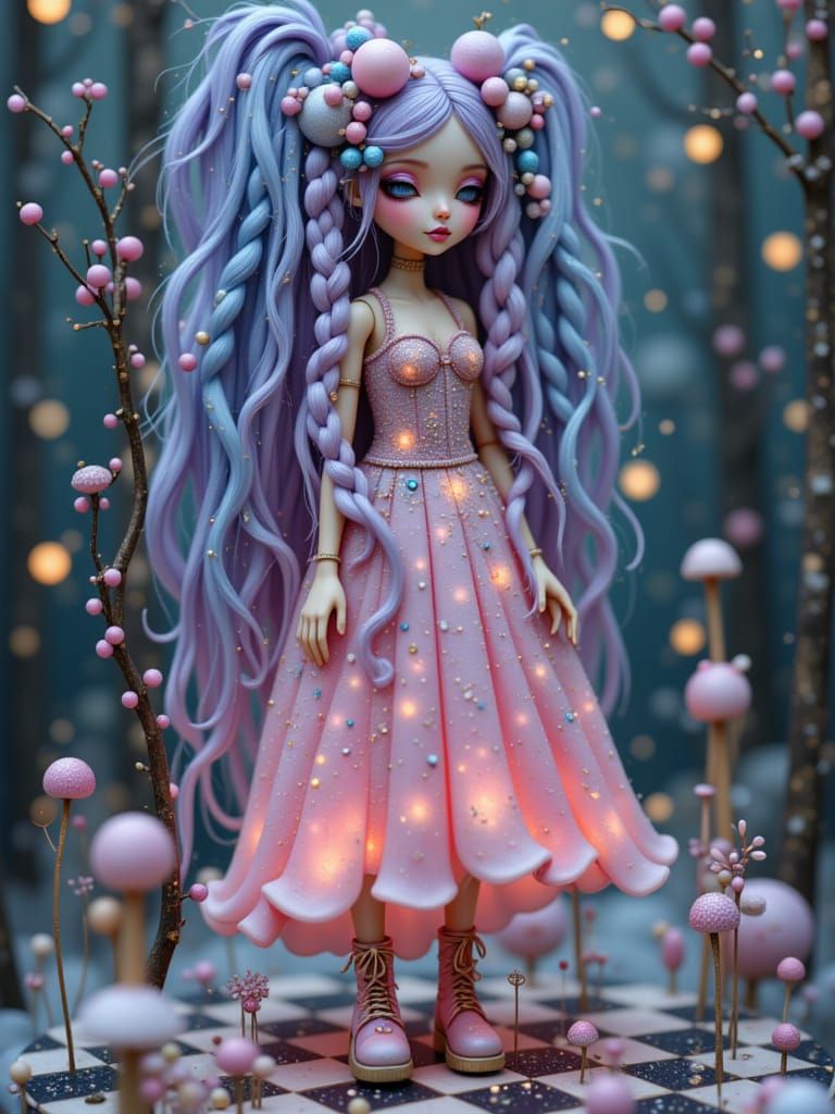 <lora:BlytheDoll:1.0> 

Whimsical young woman with enormous pastel bubble braids, striped gown glowing in rainbow hues, standing on a surrea...